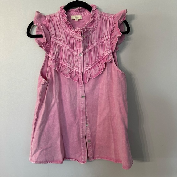 Entro Women’s Pink Sleeveless Ruffle Trim Button Front Denim Top Sz L GUC - Picture 2 of 9